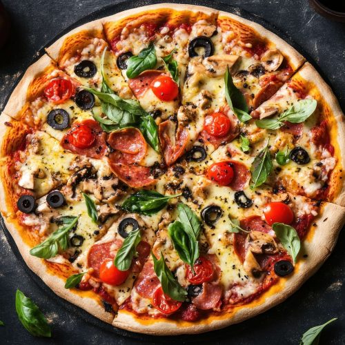 freshly-baked-pizza-with-pepperoni-mushrooms-olives-basil